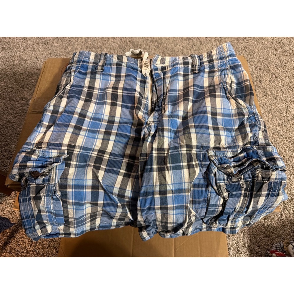 Aeropostale Authentic Cargo Shorts Mens 29 Blue White Plaid Multi Pocket Cotton